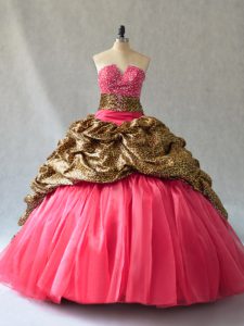 Sleeveless Organza Floor Length Lace Up Quinceanera Dresses in Coral Red with Beading and Pick Ups