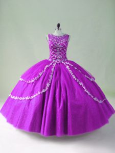 Purple Tulle Zipper 15 Quinceanera Dress Sleeveless Floor Length Beading and Appliques