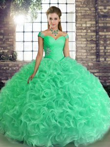 Fabric With Rolling Flowers Off The Shoulder Sleeveless Lace Up Beading Sweet 16 Quinceanera Dress in Turquoise