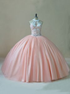 Pretty Ball Gowns Sweet 16 Dresses Peach Halter Top Tulle Sleeveless Floor Length Lace Up