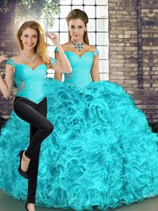 Simple Two Pieces Ball Gown Prom Dress Aqua Blue Off The Shoulder Organza Sleeveless Floor Length Lace Up