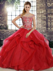 Popular Off The Shoulder Sleeveless Tulle Quinceanera Gowns Beading and Ruffles Brush Train Lace Up