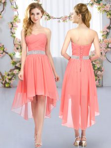 High Low Watermelon Red Quinceanera Court of Honor Dress Chiffon Sleeveless Belt