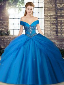 Popular Blue Tulle Lace Up Quinceanera Gowns Sleeveless Brush Train Beading and Pick Ups