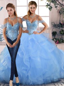 Fine Sleeveless Beading and Ruffles Lace Up Quince Ball Gowns