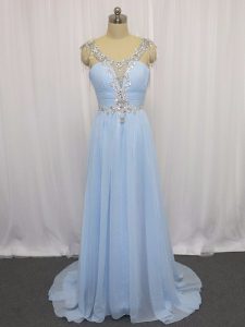 Fine Blue Empire Beading and Ruching Prom Gown Zipper Chiffon Sleeveless