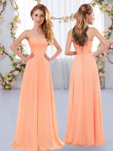 Floor Length Peach Quinceanera Court Dresses Sweetheart Sleeveless Lace Up