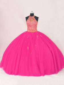 Hot Pink Halter Top Lace Up Beading and Appliques 15th Birthday Dress Sleeveless