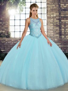 Floor Length Lace Up Quinceanera Dress Aqua Blue for Military Ball and Quinceanera with Embroidery