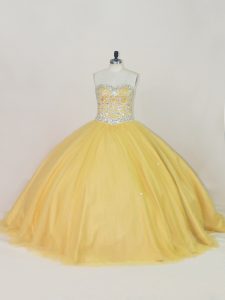 Hot Sale Sweetheart Sleeveless Lace Up Quinceanera Dress Gold Tulle