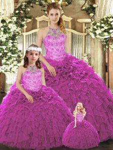 Fabulous Organza Halter Top Sleeveless Lace Up Beading and Ruffles Sweet 16 Dresses in Fuchsia