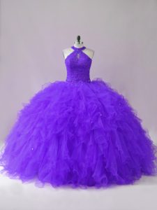 Inexpensive Purple Tulle Lace Up Quinceanera Gown Sleeveless Floor Length Beading and Ruffles