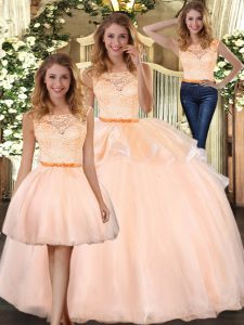 Great Floor Length Peach Quinceanera Dresses Organza Sleeveless Lace