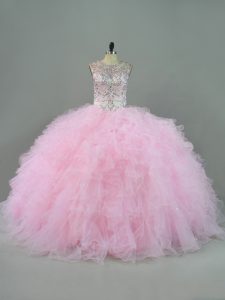 Most Popular Floor Length Lace Up Sweet 16 Dress Baby Pink for Sweet 16 and Quinceanera with Beading and Ruffles
