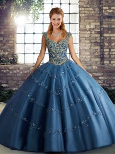 Blue Ball Gowns Beading and Appliques Vestidos de Quinceanera Lace Up Tulle Sleeveless Floor Length