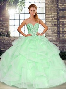 Best Apple Green Ball Gowns Tulle Sweetheart Sleeveless Beading and Ruffles Floor Length Lace Up Sweet 16 Dresses