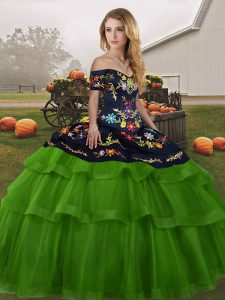 Embroidery and Ruffled Layers Quinceanera Dress Green Lace Up Sleeveless Brush Train