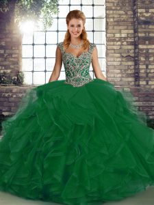 Straps Sleeveless Lace Up Quince Ball Gowns Green Tulle