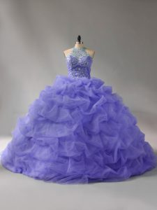 Hot Selling Lavender Quince Ball Gowns Halter Top Sleeveless Court Train Lace Up