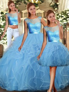 Charming Scoop Sleeveless Quince Ball Gowns Floor Length Lace and Ruffles Baby Blue Tulle