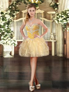 Smart Sleeveless Organza Mini Length Lace Up Prom Dress in Gold with Beading and Ruffles