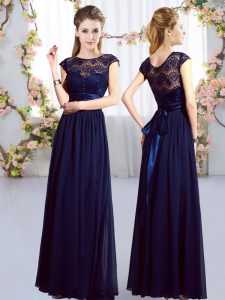 High End Cap Sleeves Floor Length Lace and Belt Zipper Damas Dress with Navy Blue