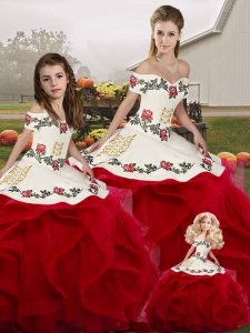 Floor Length White And Red 15th Birthday Dress Tulle Sleeveless Embroidery and Ruffles