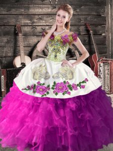 Stylish White And Purple Lace Up Vestidos de Quinceanera Embroidery and Ruffles Sleeveless Floor Length