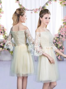3 4 Length Sleeve Mini Length Lace and Bowknot Lace Up Court Dresses for Sweet 16 with Champagne
