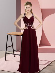 Comfortable Floor Length Backless Going Out Dresses Burgundy for Prom and Party with Beading