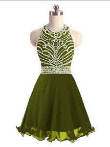 Vintage Olive Green Chiffon Lace Up Prom Dresses Sleeveless Mini Length Beading