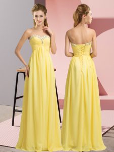Luxury Sweetheart Sleeveless Prom Dresses Floor Length Beading Yellow Chiffon