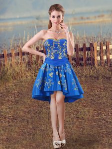 Flirting Royal Blue A-line Taffeta Sweetheart Sleeveless Embroidery High Low Lace Up Prom Party Dress