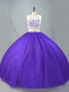 Purple Two Pieces Tulle Scoop Sleeveless Appliques Floor Length Zipper Vestidos de Quinceanera