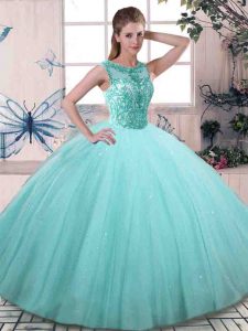 Extravagant Aqua Blue Lace Up Quinceanera Dresses Beading Sleeveless Floor Length