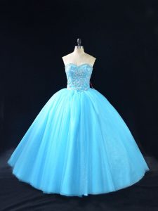 Baby Blue Tulle Lace Up 15 Quinceanera Dress Sleeveless Floor Length Beading