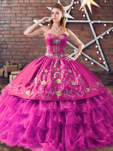 Sweetheart Sleeveless Lace Up Sweet 16 Dress Fuchsia Satin and Organza