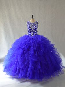 Royal Blue Tulle Lace Up Ball Gown Prom Dress Sleeveless Floor Length Beading and Ruffles