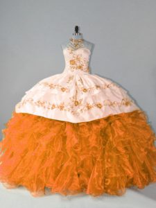 Orange Organza Lace Up Quinceanera Gowns Sleeveless Floor Length Court Train Embroidery and Ruffles