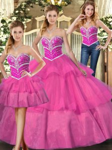 Pretty Lilac Lace Up Sweetheart Beading and Ruffled Layers Quinceanera Dress Tulle Sleeveless