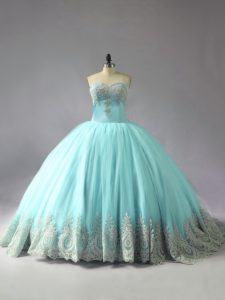 Cheap Sleeveless Tulle Court Train Lace Up Ball Gown Prom Dress in Blue with Appliques
