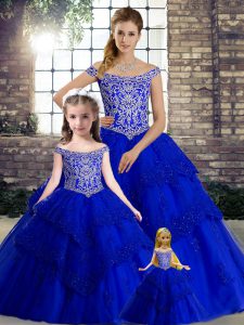 Gorgeous Tulle Off The Shoulder Sleeveless Brush Train Lace Up Beading and Lace Quince Ball Gowns in Royal Blue