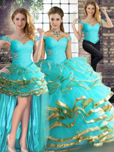 Aqua Blue Quinceanera Dress Military Ball and Sweet 16 with Beading and Ruffled Layers Off The Shoulder Sleeveless Lace Up