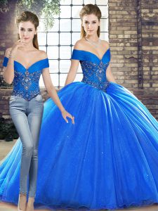 Royal Blue Organza Lace Up 15th Birthday Dress Sleeveless Brush Train Beading