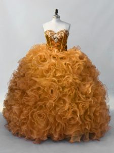 Noble Gold Organza Lace Up Sweetheart Sleeveless Quince Ball Gowns Sequins