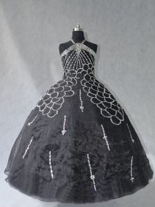 Halter Top Sleeveless Lace Up Quinceanera Dresses Black Organza