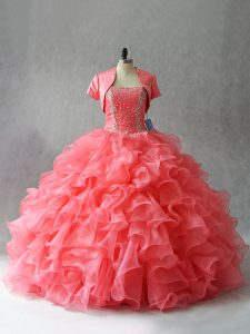 Floor Length Watermelon Red 15 Quinceanera Dress Strapless Sleeveless Lace Up
