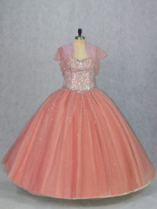 Fabulous Watermelon Red Ball Gowns Tulle Sweetheart Sleeveless Beading Floor Length Lace Up Vestidos de Quinceanera