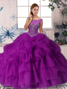 Latest Purple Ball Gowns Scoop Sleeveless Organza Brush Train Zipper Beading and Pick Ups Vestidos de Quinceanera