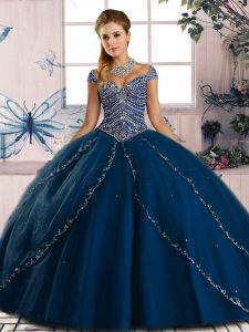 Sweetheart Cap Sleeves Sweet 16 Dresses Brush Train Beading Blue Tulle